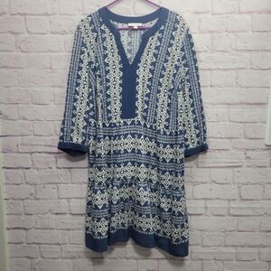 Fig + Flower Blue Boho Ikat Tiered Tunic Dress 2X Festival Flowy‎ Cottagecore